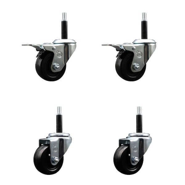 3'' Hard Rubber Swivel 3/4'' Expand Stem Caster Set 2 Total Lock Brakes, 4PK